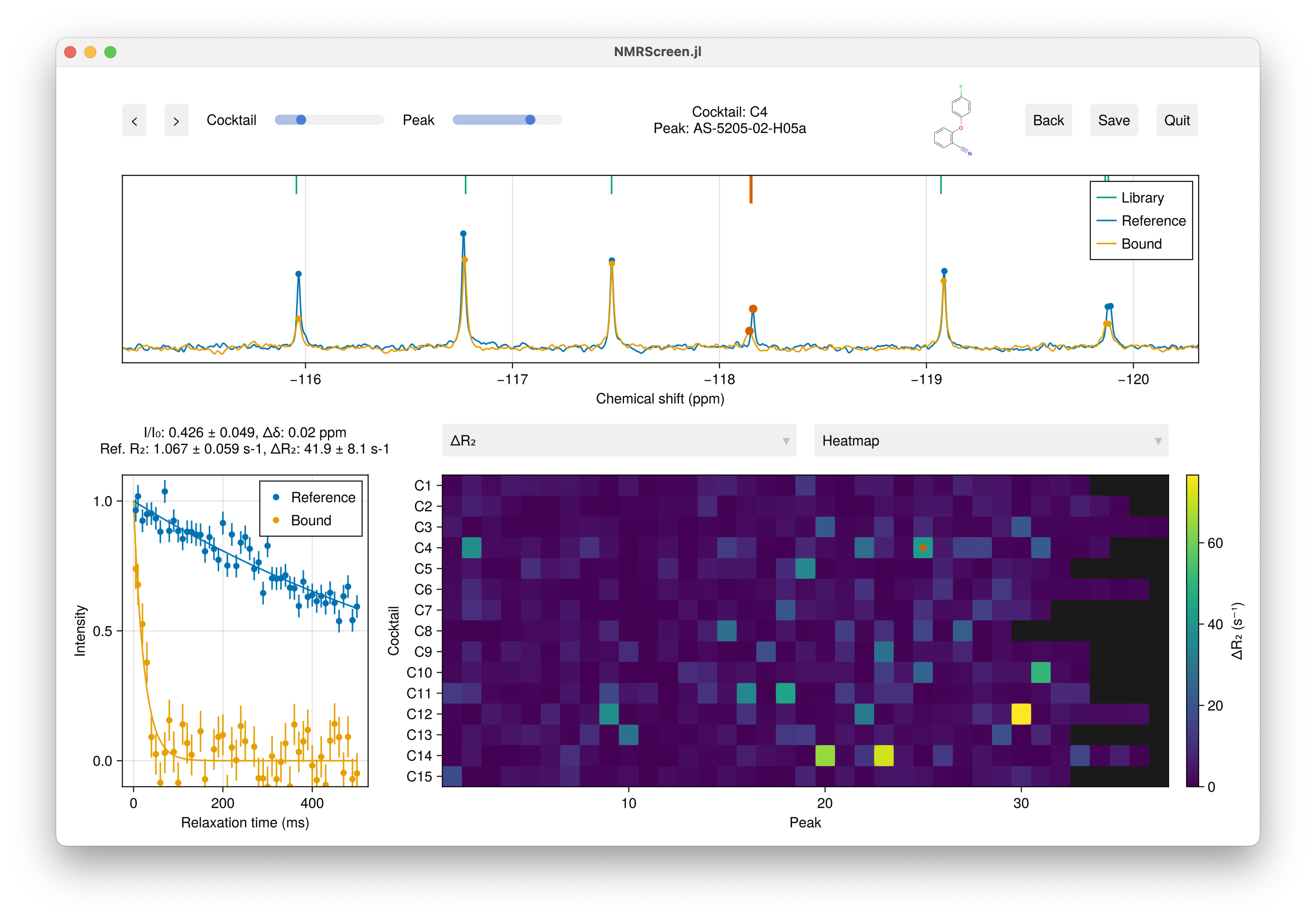 Screenshot of NMRScreen.jl analysis window with heatmap