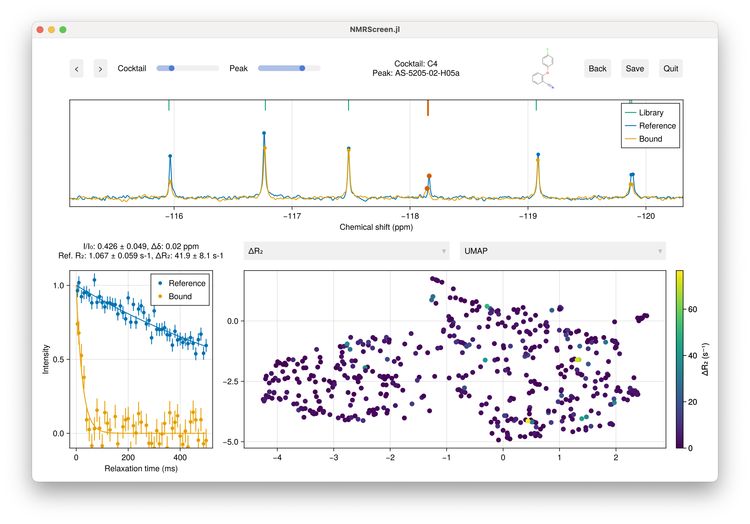 Screenshot of NMRScreen.jl analysis window with chemical space map
