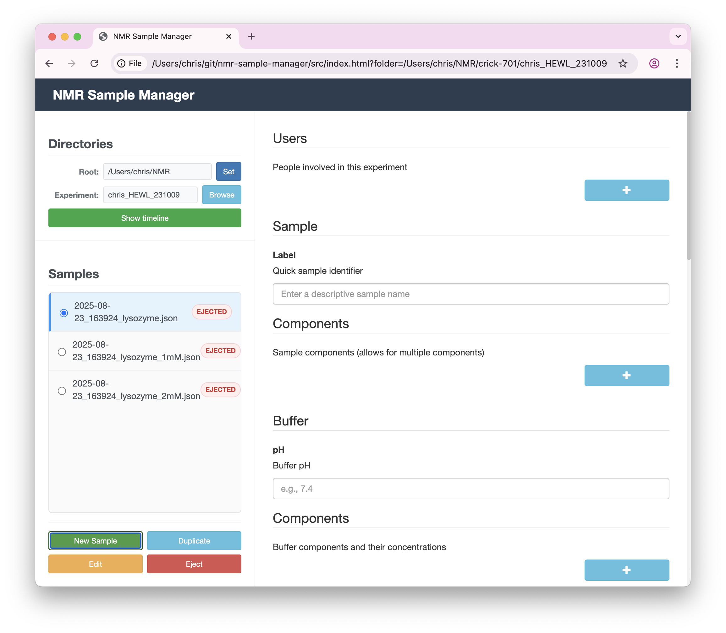 Sample creation form showing the various fields available for metadata entry