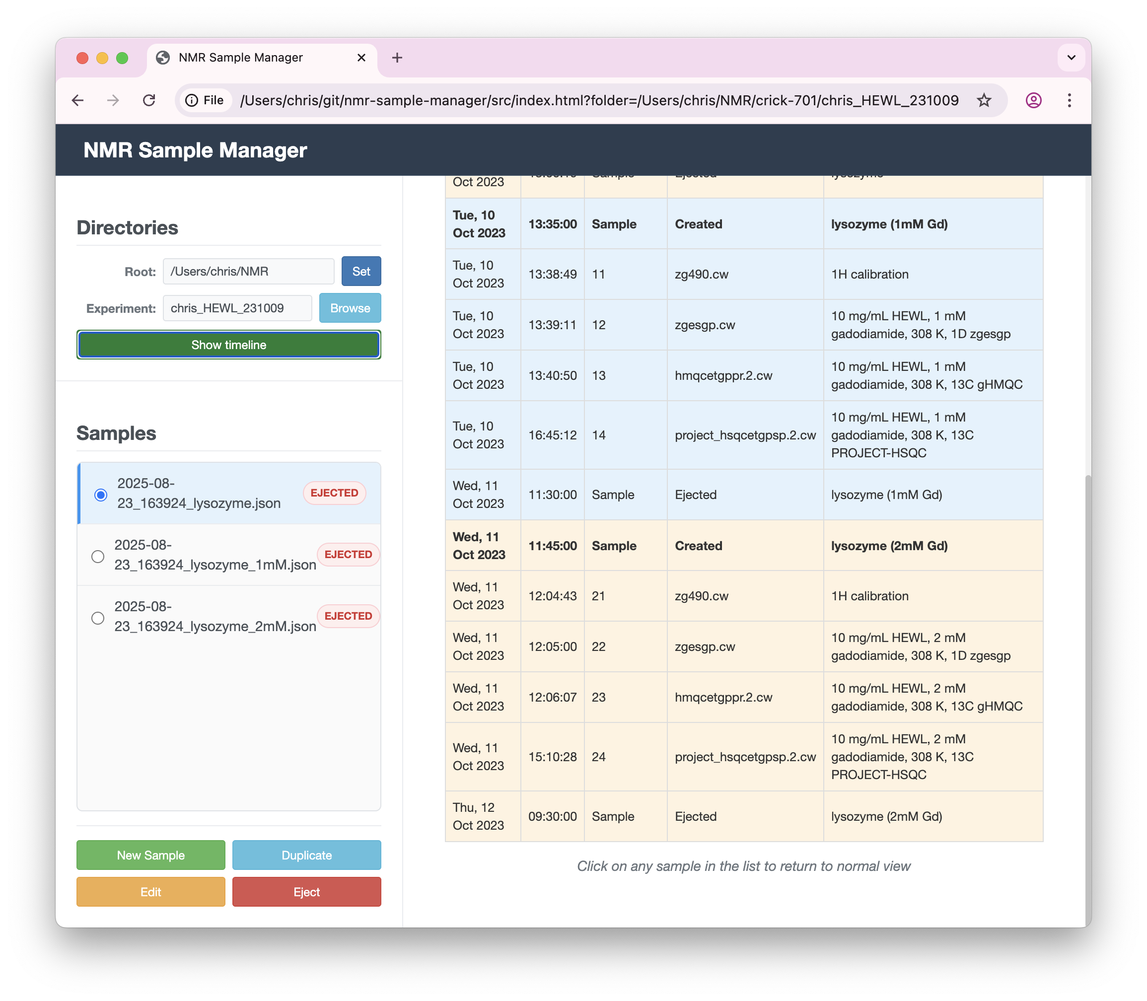Timeline view showing chronological history of sample injections and ejections
